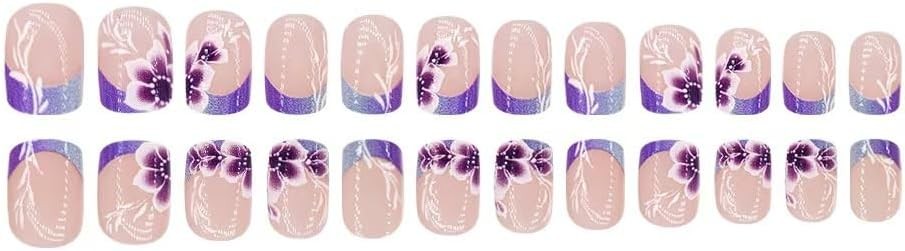 French Tips Press on Nails Purple Flower Fake Nails with Ombre Design Glossy Glu