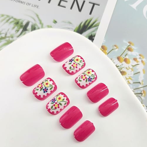 Square Press on Nails Short False Nails with Design Color Flower Green Leaves