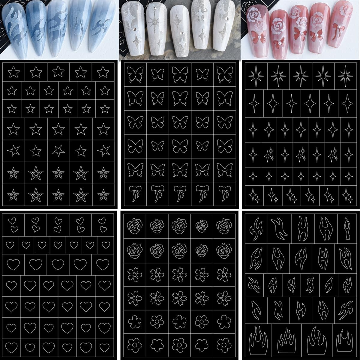 6 Sheets DIY Airbrush Nail Stencils – Butterfly, Heart, Star, Flame Designs f…