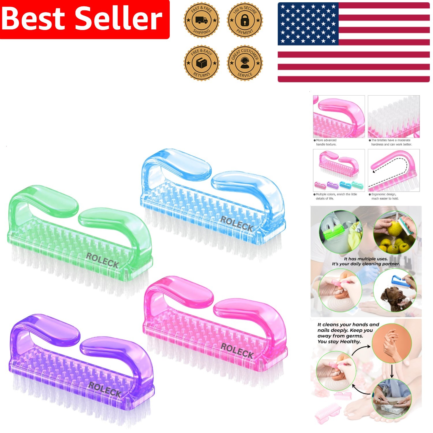 Nail Brush Set 4 Pcs Plastic Handle Fingernail Scrubber for Hands Feet Toes Pets