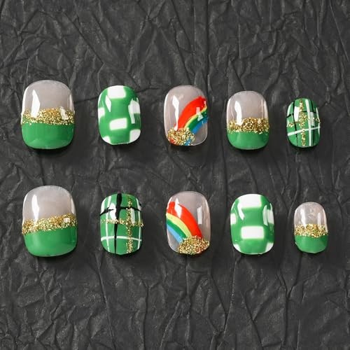 St. Patrick’s Day Press On Nails Extra Short L Green & Gold Rainbow Starlight