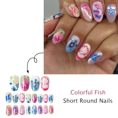 24Pcs Ocean Life Press on Nails – Short Almond Fake Nails XF-088