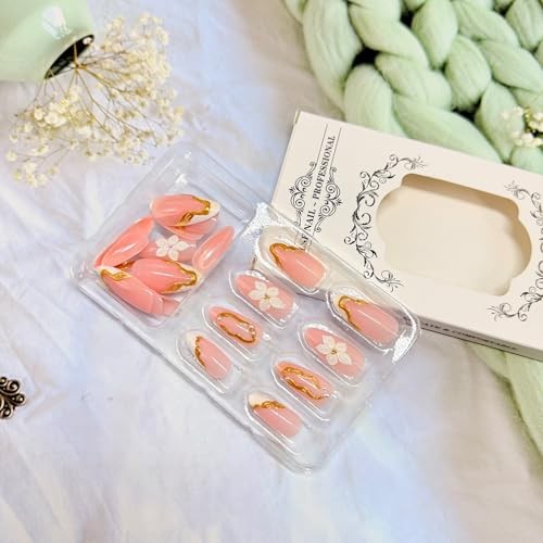 French Press on Nails Almond Medium Fake Nails with Designs 3D Gold Lines