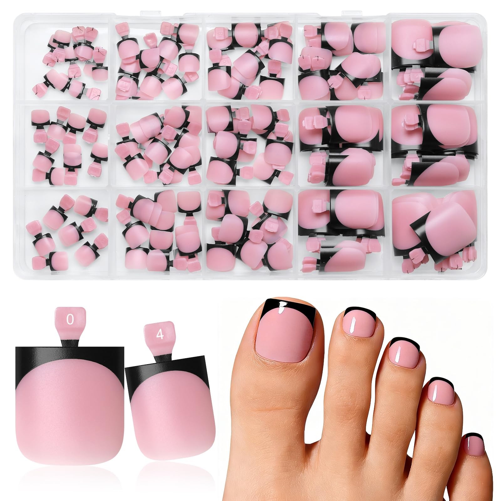 180pc Black French Tip Press on Toenails with Glue, French Tip Toe Nails Pres…