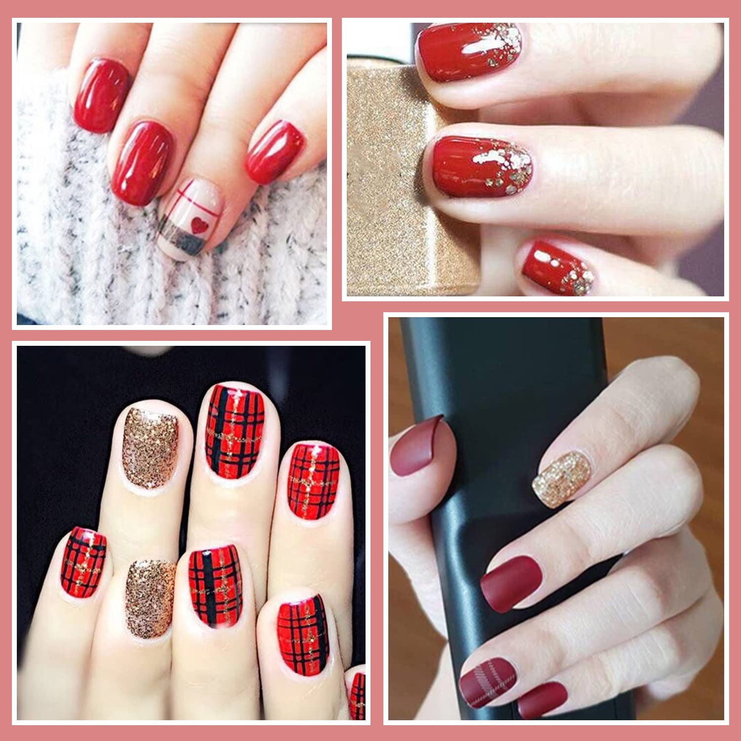 16 Sheets Nail Polish Strips Red Plaid Solid Color Nail Wraps for Women Self …