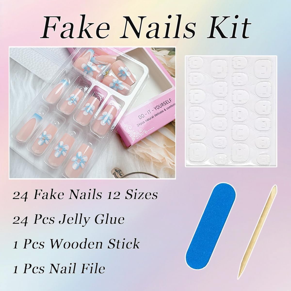 24Pcs Blue French Tip Almond Plastic Glossy Full Cover Nail Press-on False Na…