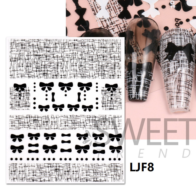 3D Nail Art Stickers Black White Decor Butterfly Knot Bow Grid Decals NS48