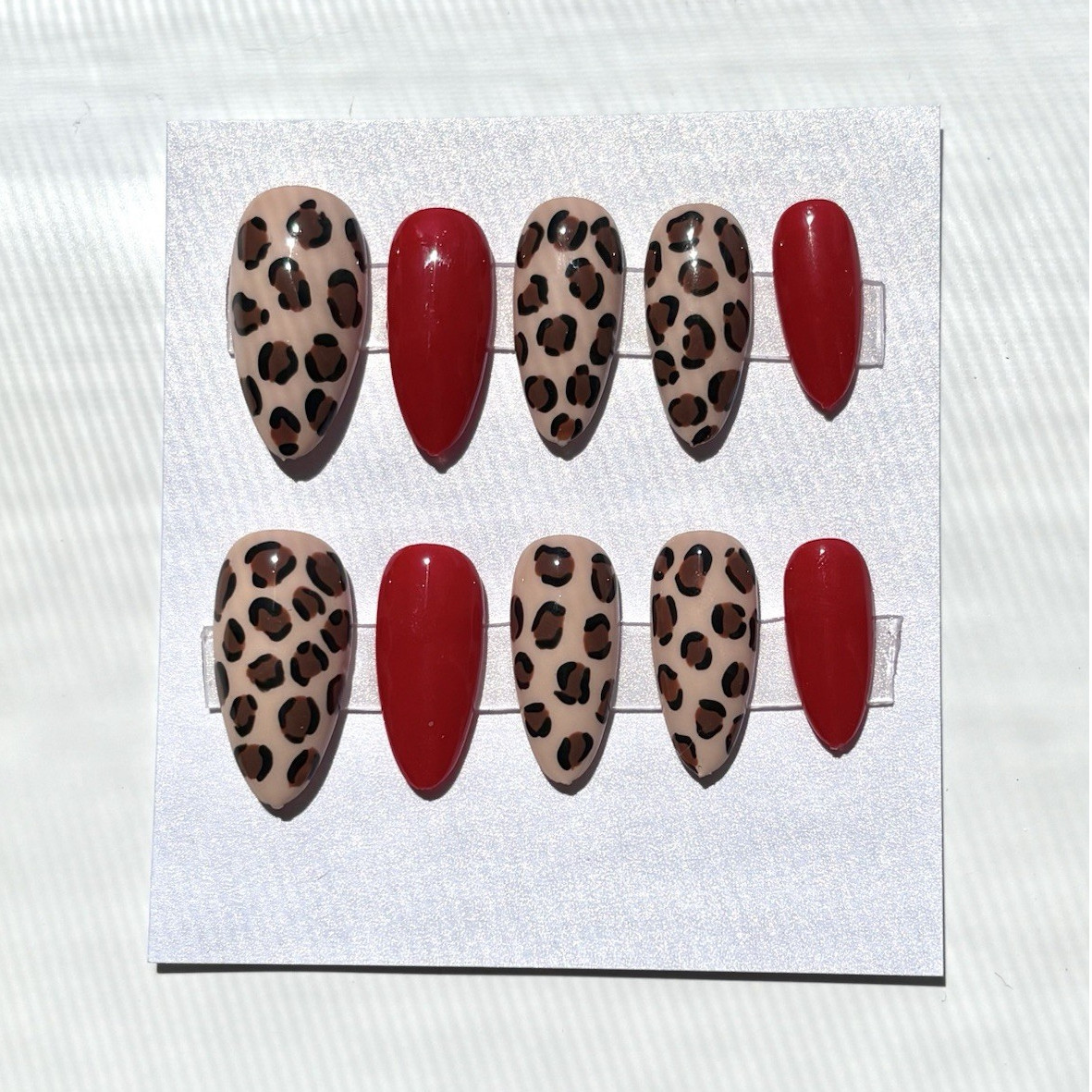 Press-On Nails Red Beige Black Leopard Animal Print Shiny Acrylic Almond M