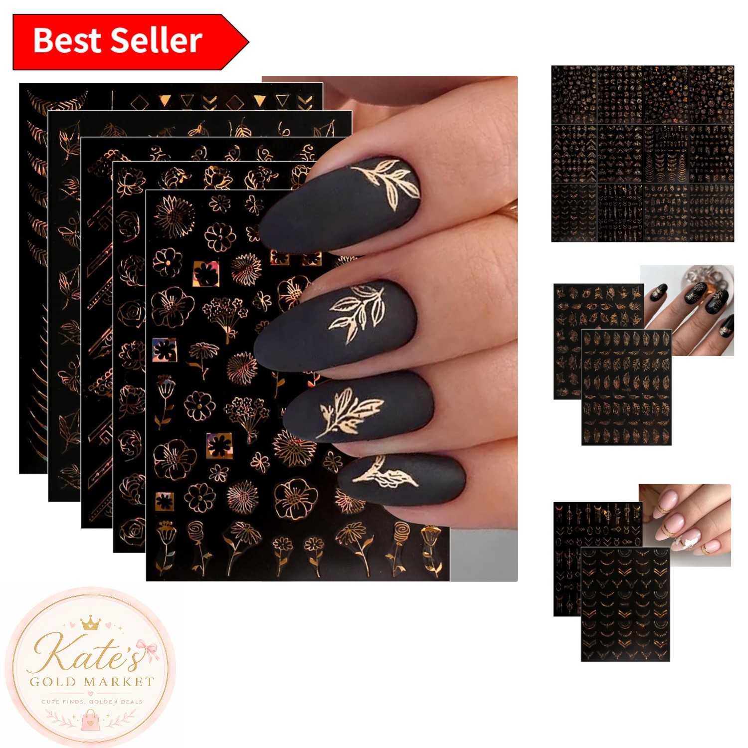 Elegant 12 Sheets Floral Nail Art Stickers – Gold Self-Adhesive Designs