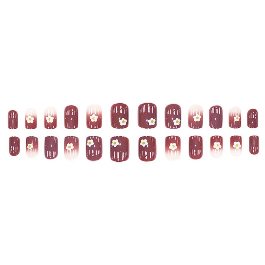 48P Short Square Press on Nails, Dusty Pink Nails with Hand Painted Daisy Flower