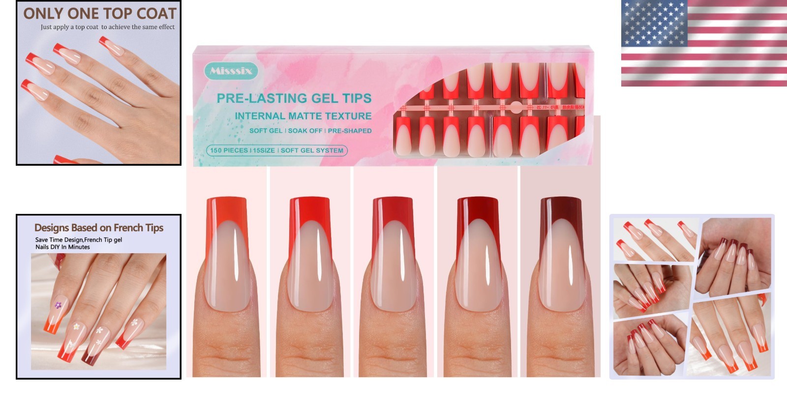 Red French Gel Nail Tips 150Pcs Long Square Soft Gel Prelasting Nail Art Set