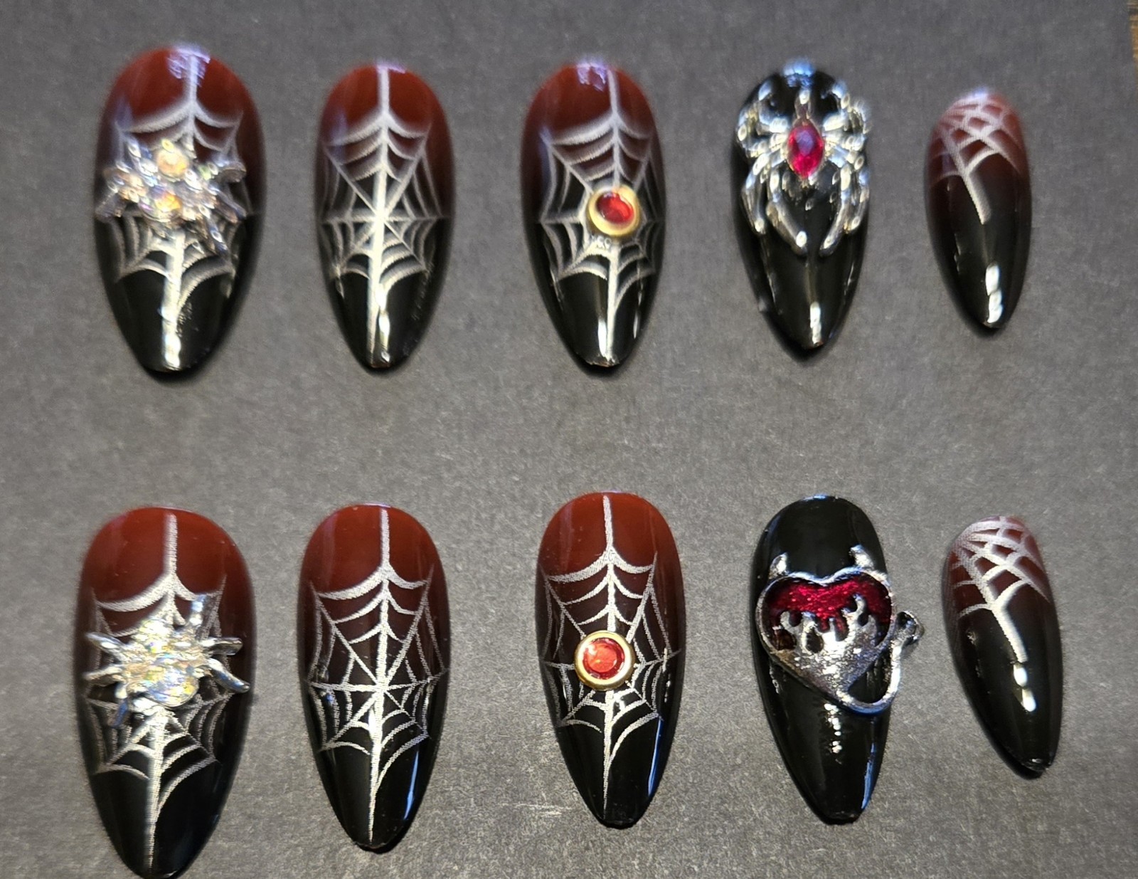 Black Red Silver Spiders Webs Red Gemstones Press On Nails Halloween Decorated
