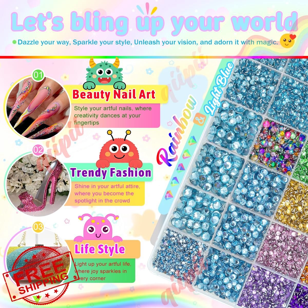 qiipii Rhinestones Kit Light Blue 2-6mm Flatback Gems w B7000 Glue