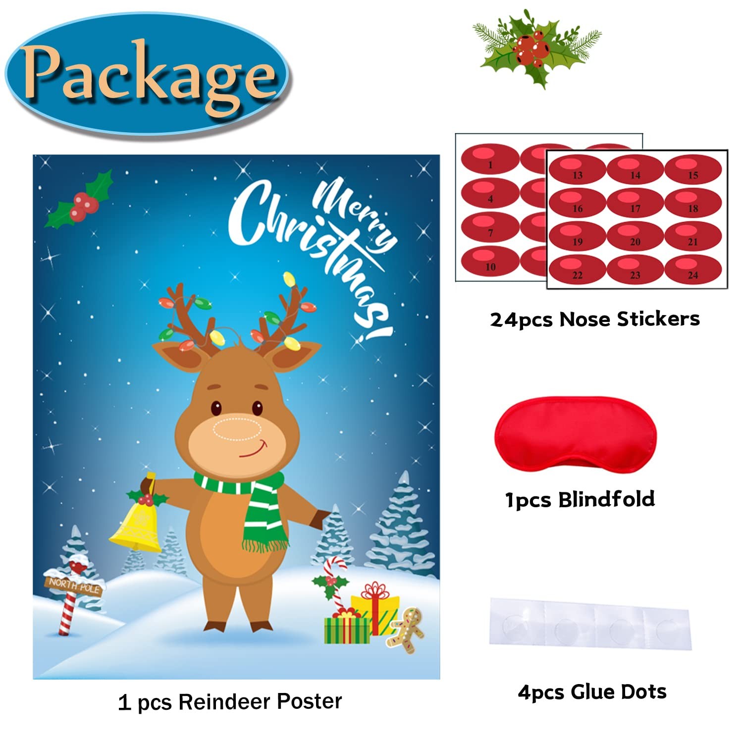 Funnlot Christmas Games 27 inches x 21 inches, Pin the Nose on Reindeer