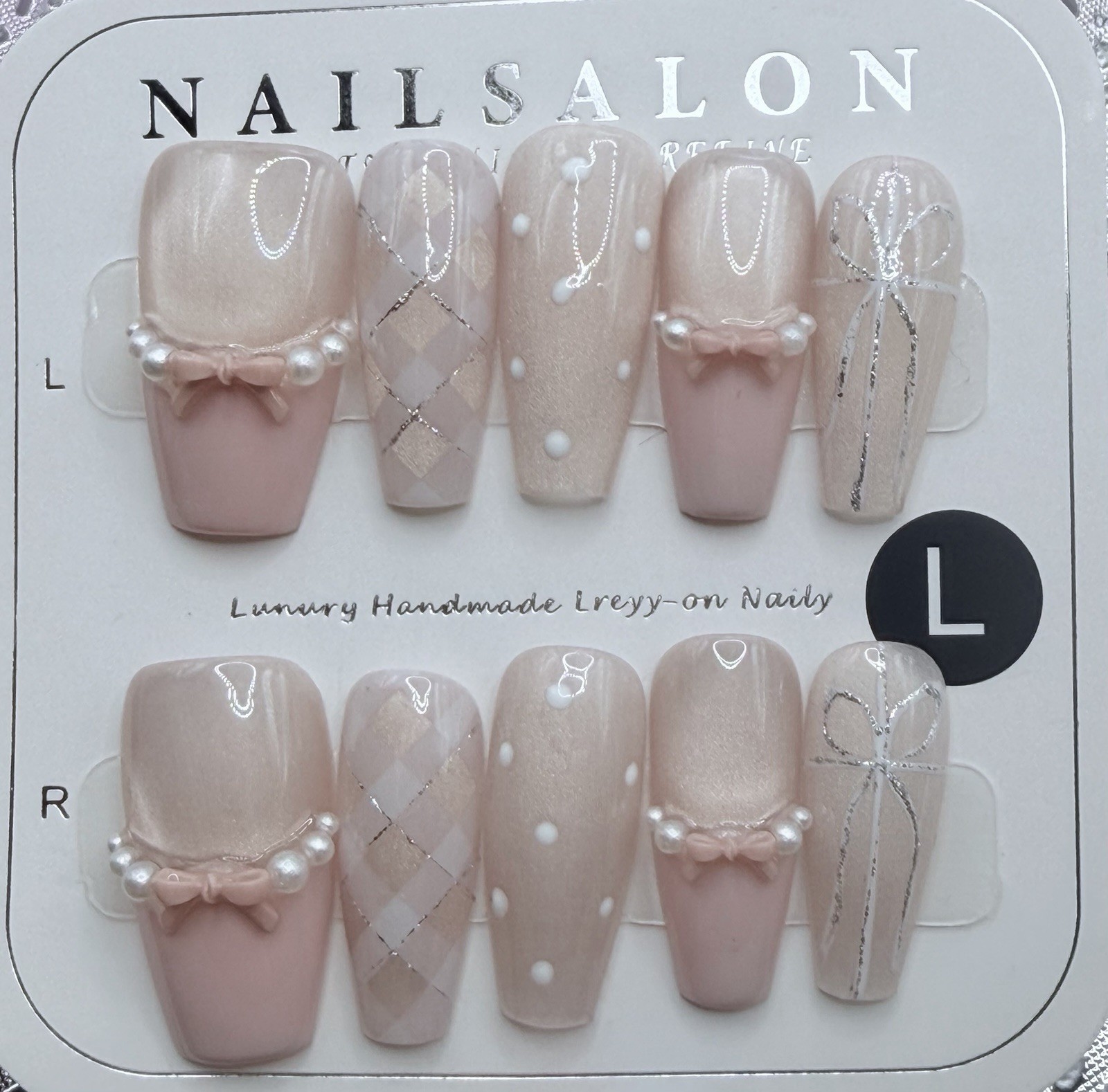 10 Pcs Handmade Medium Coffin Pink Ballerina Nails Plaid 3D Bows Polka Dots Glit