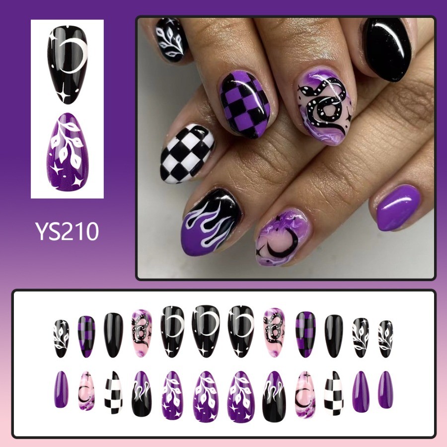 48 Pcs Snake Flame Check Print Press on Nails, Oval Punk Trendy Fake Nails