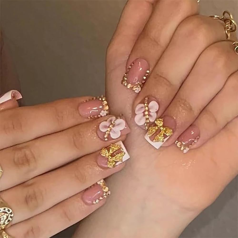 French Tip Press on Nails Short Square Fake Nails with Gold Butterfly Rhinest…