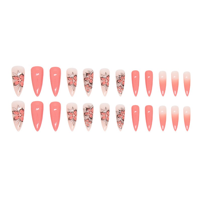 48Pcs-Long Almond Coral Pink Gradient Floral Gold Bead Press on Nails Set