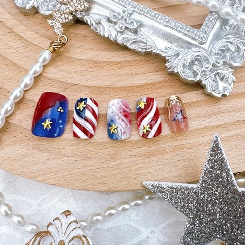 30Pcs 4th of July Press on Nails – Short Square Fake Nails – 4th of July-20