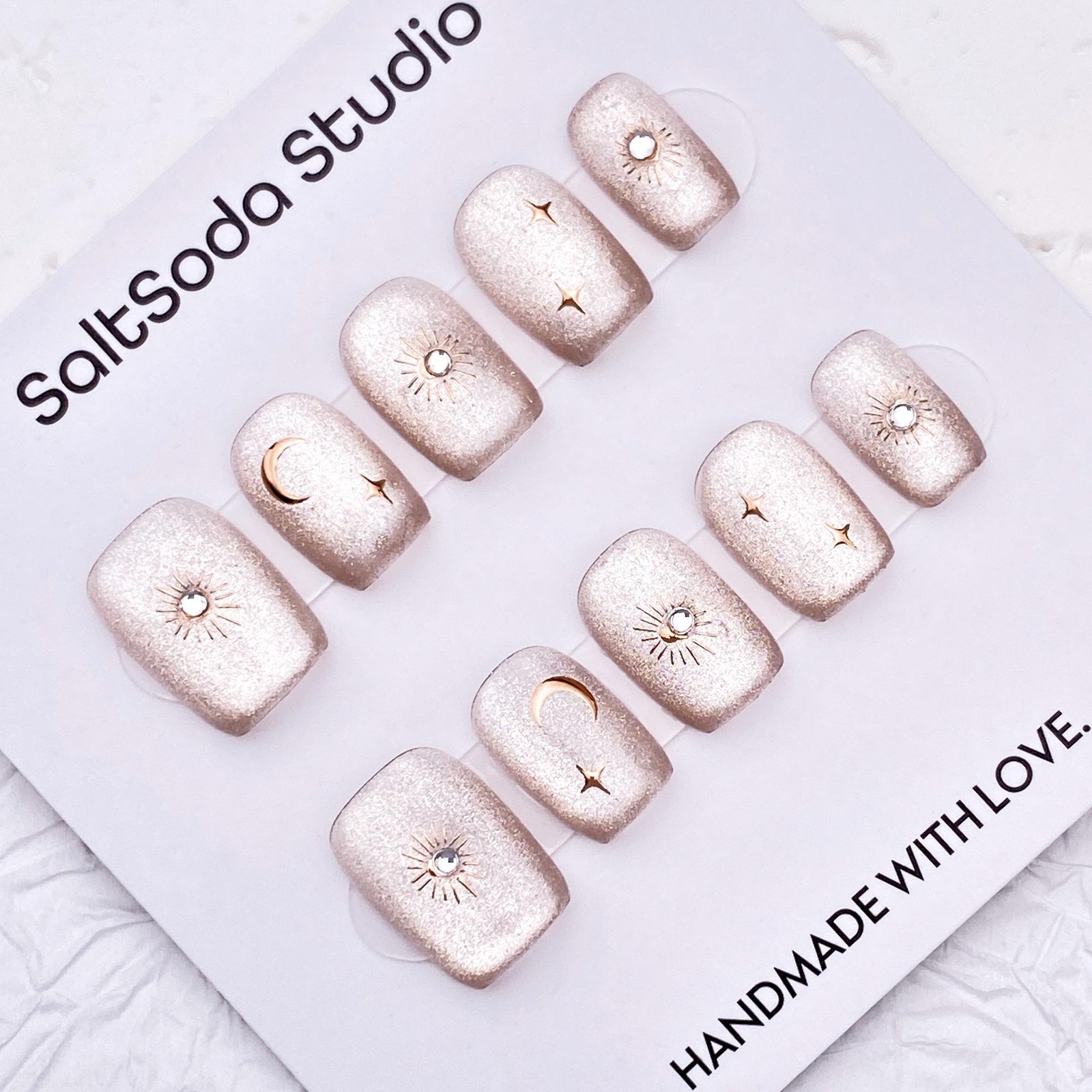 Custom Pure Handmade Nails Champagne Glitter Moon Star Rhinestone Manicure