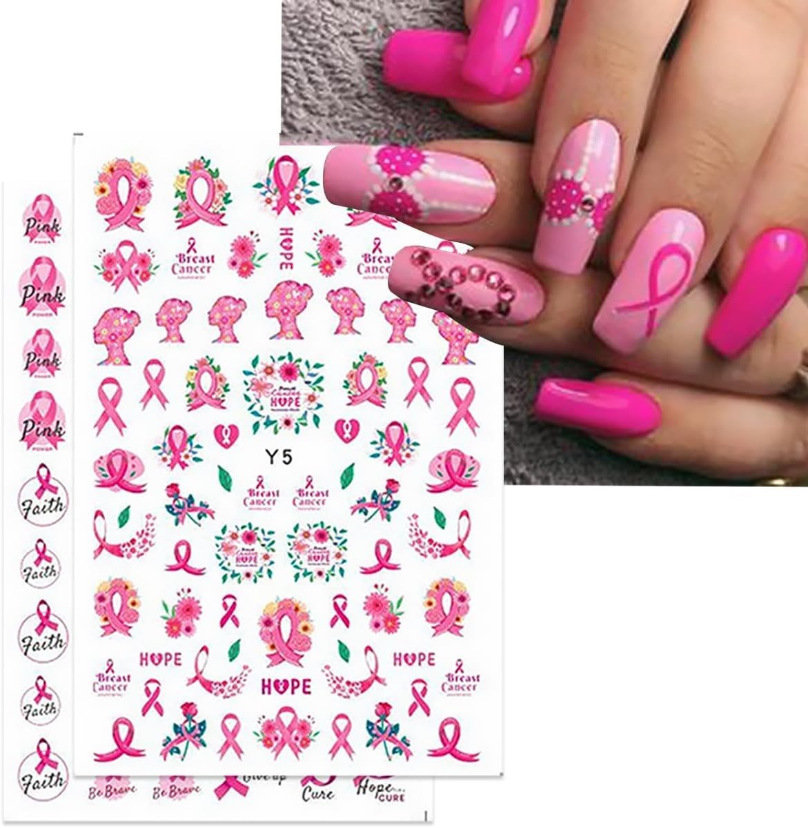 6 Sheets Breast Cancer Nail Art Stickers – 3D Self-Adhesive Heart Letter Nail