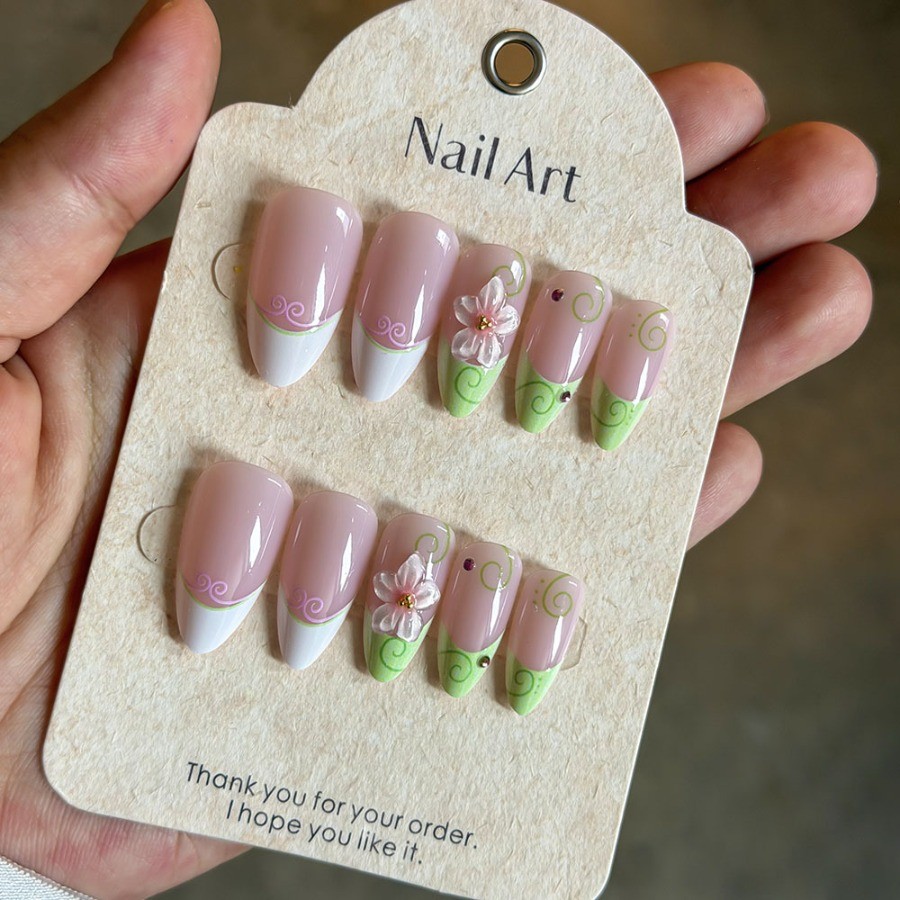 48Pcs-Long Almond Light Green French Cherry Blossom Rhinestone Press on Nails