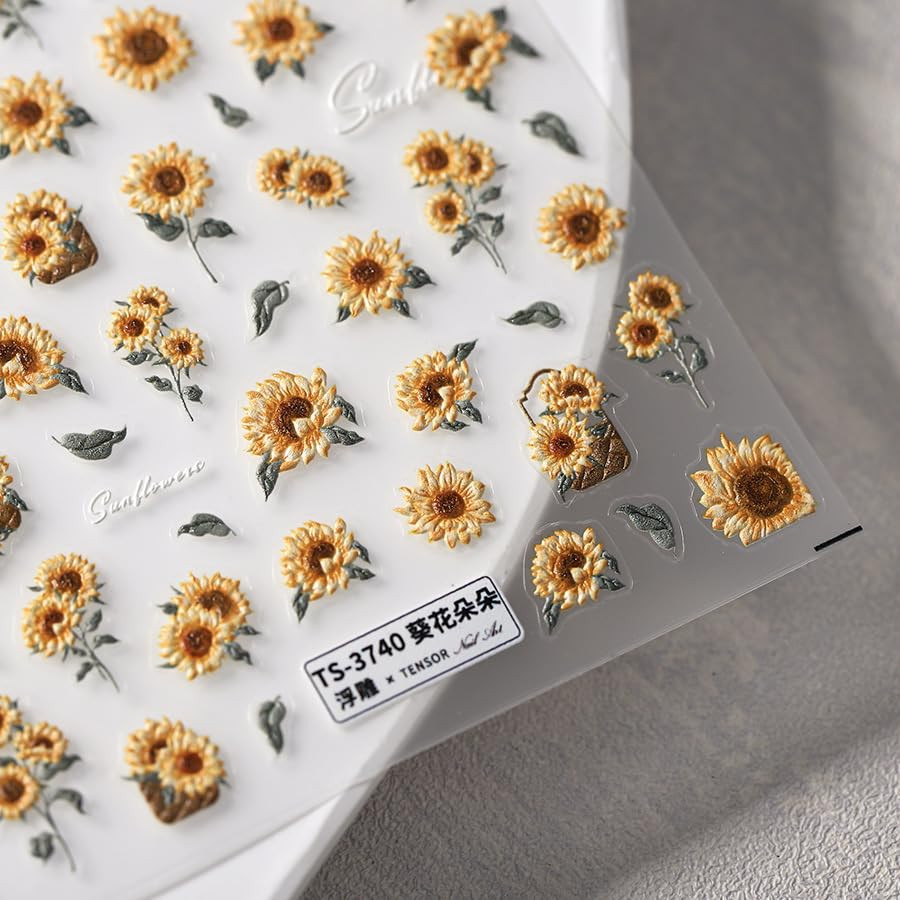 Flower Nail Art Stickers 5D Embossed Sunflower Nails Sticker for Nail Art Self-A