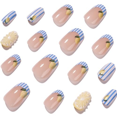 Summer Press On Nails Oval – Cute Blue Striped & Yellow Lemon Short – Color37