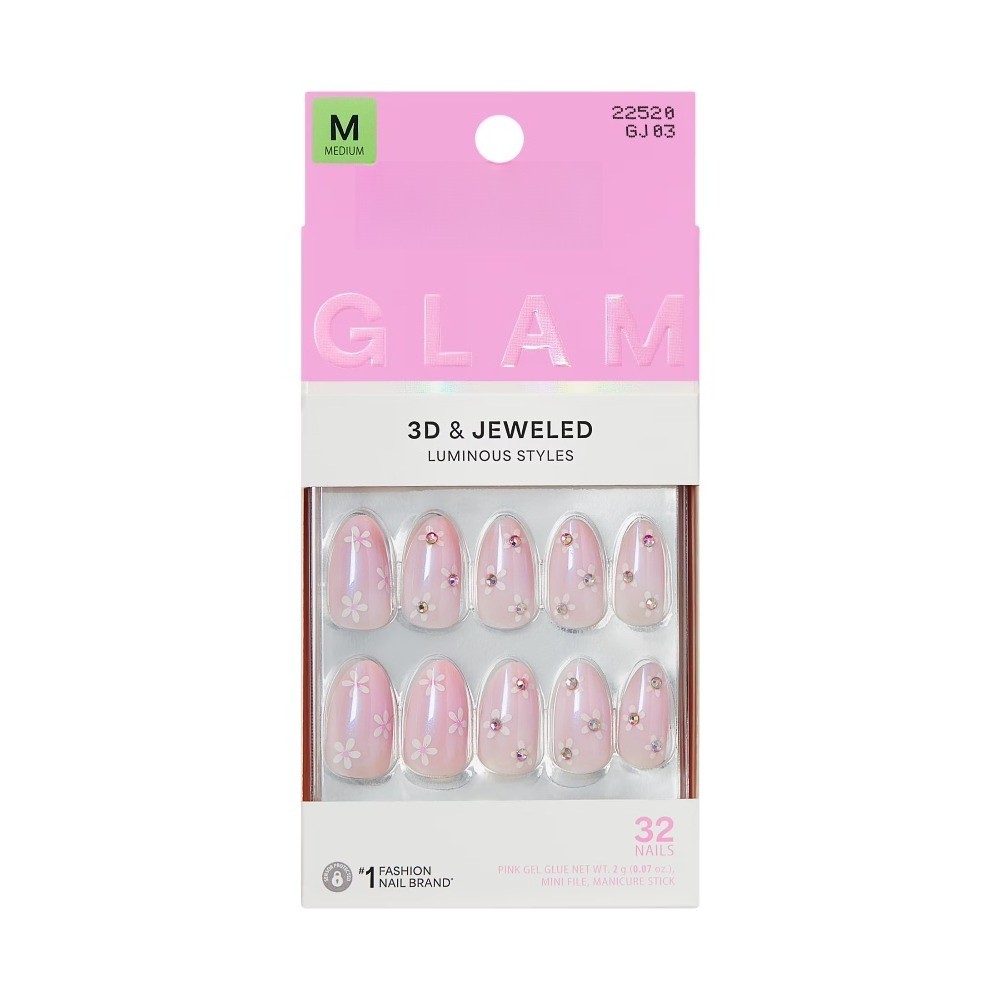 Glam 3D & Jeweled Press On Nails Almond, ‘Breeze of Bliss’