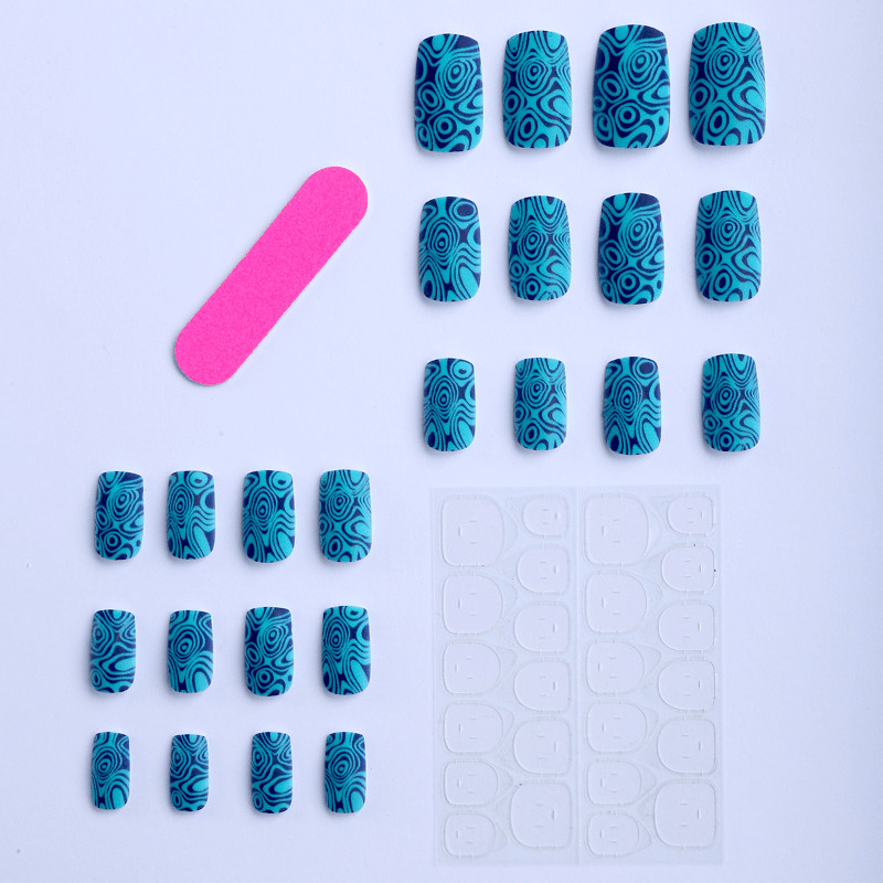 48pcs Short Square Press on Nails, Teal Blue Swirl Pattern Fashion Nail Art
