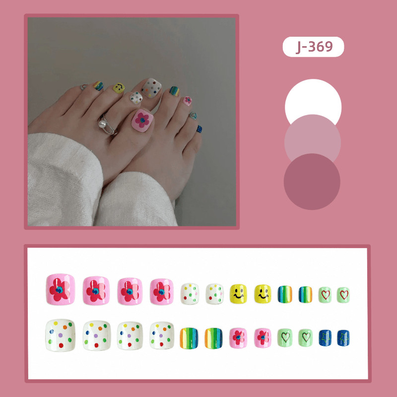 48Pcs Rainbow Dot Floral Toe Short Square Press on Nails,Bright Sweet Fake Nails