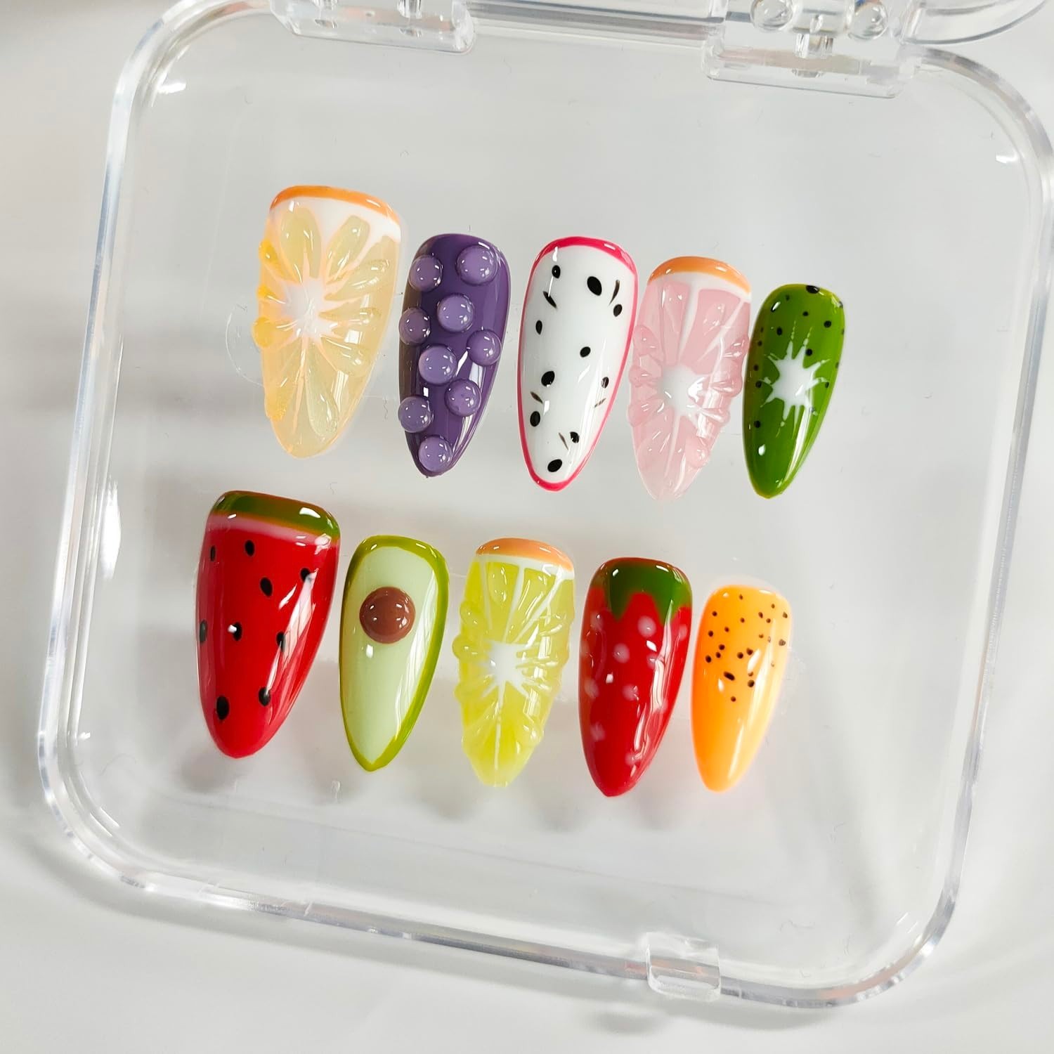 3D Fruit Almond Press-On Nails – Medium Length Cute Thick Acrylic Fake Nails, 10