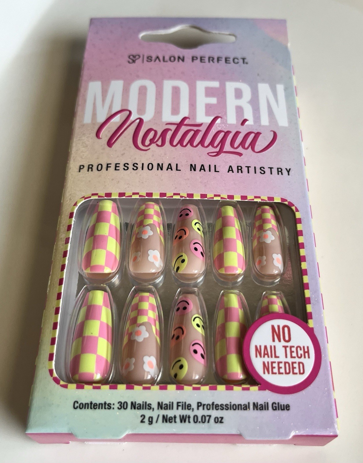🌼 Press-On Nails Long Length Y2k Pink Checker Smiley Face Floral Salon Perfect