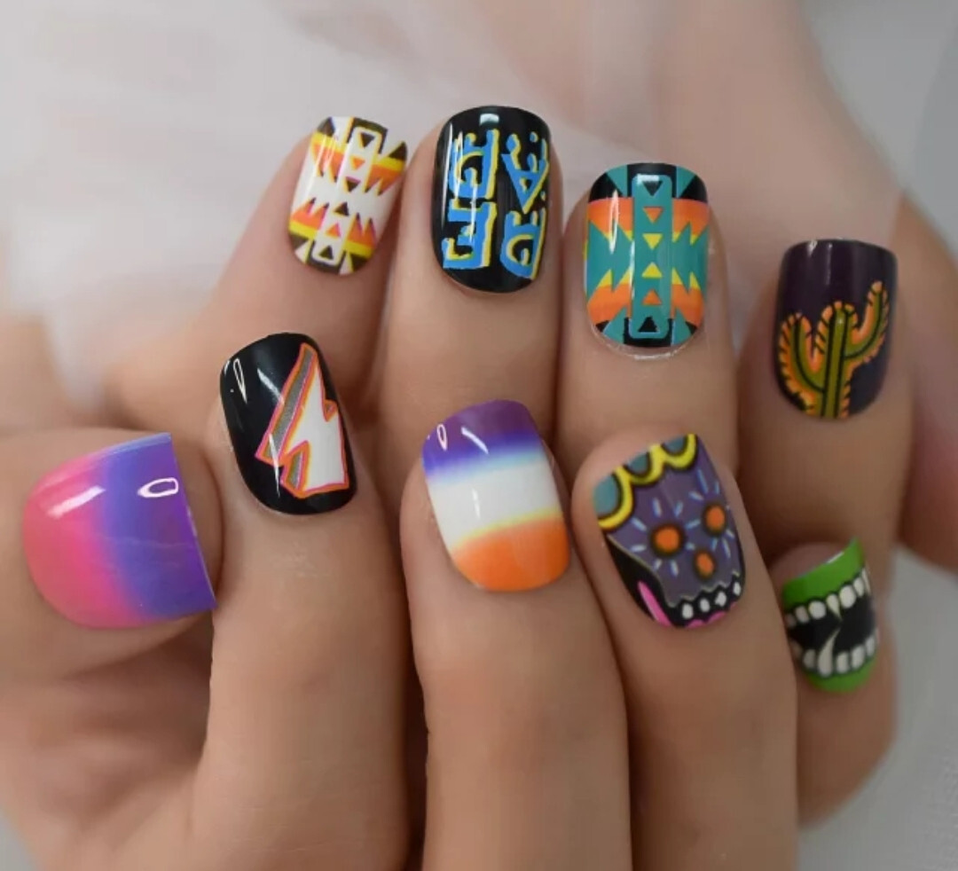 24 Short Press on nails kit w glue harajuku unique funky design black pink green