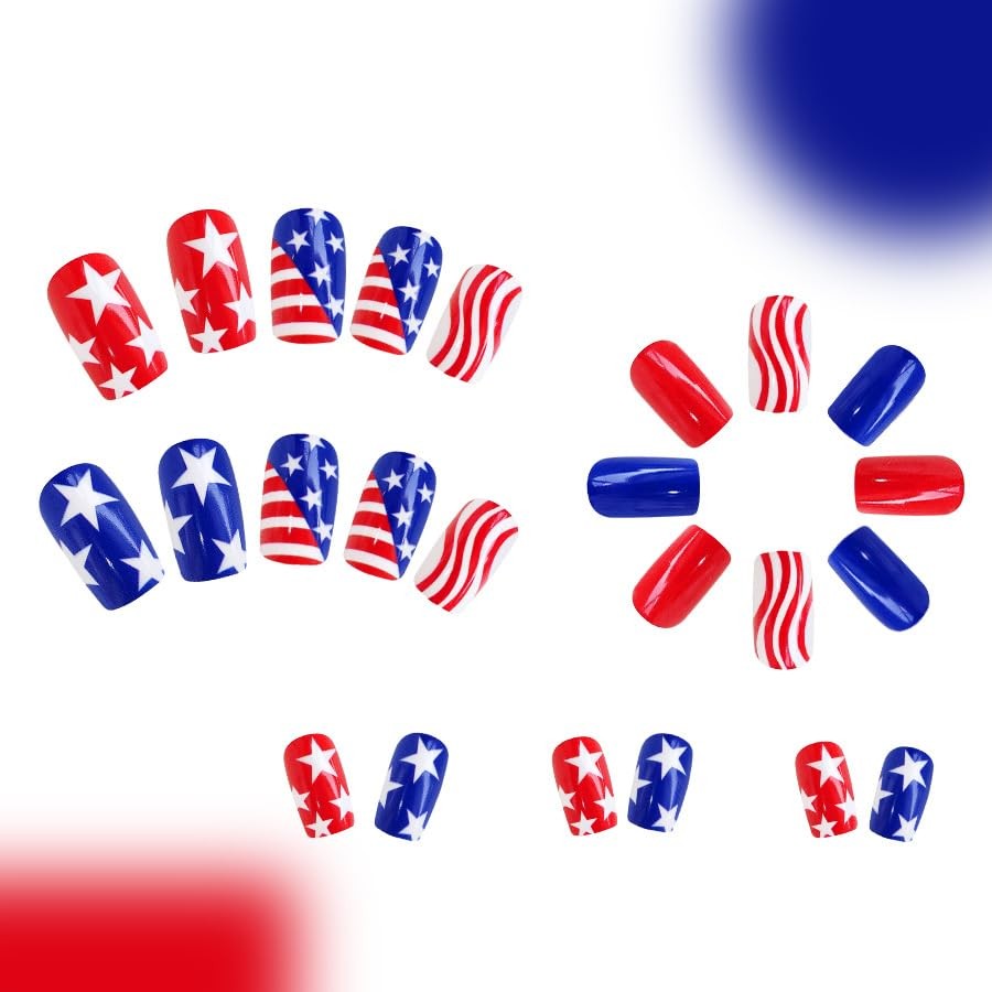 24Pcs 4th of July Press on Nails Medium Square Independence Day Fake Nails Gl…