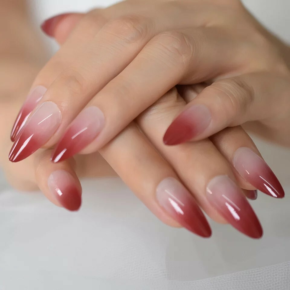 24 Ombre Rose Press On Nails w/ Glue Nude red pointed almond stiletto goth