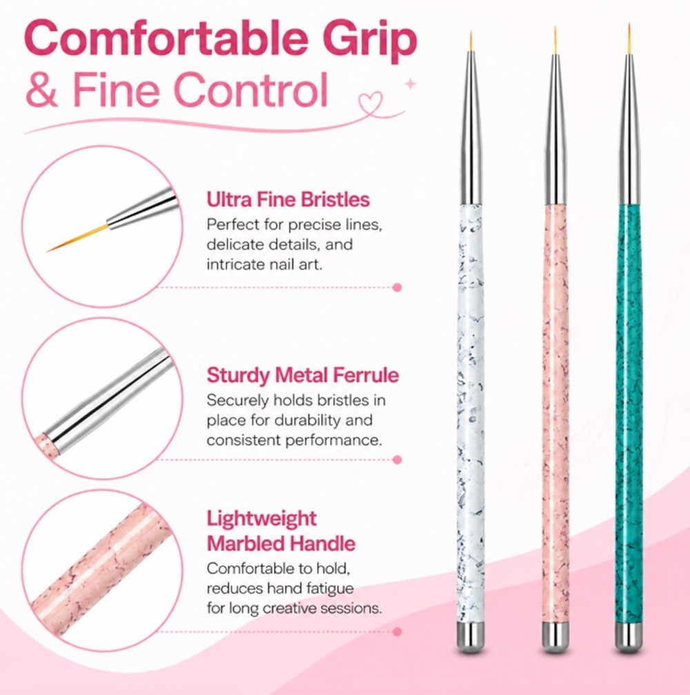 3-Piece Nail Art Tool Set Nail Art Pen UV Gel Dotting Tool Fine Liner Brush Kit