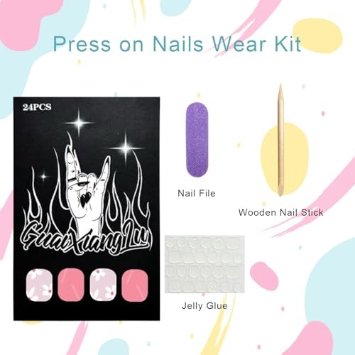White Flowers Press on Nails – Short Square Fake Nail – Pink Floral Design