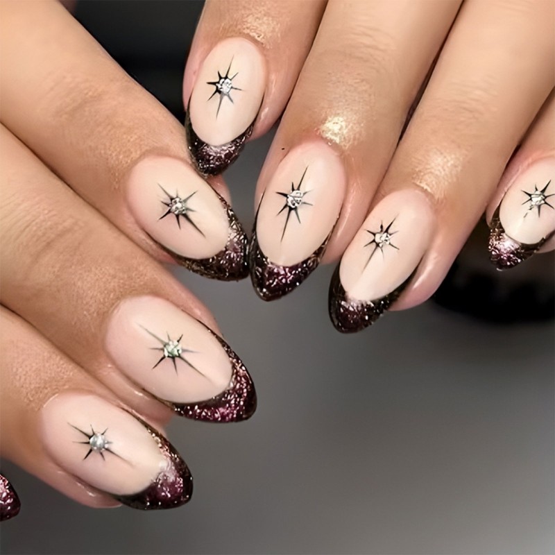 24 Pieces Short Length Almond Press On Nail Glitters Star Designs French Tip