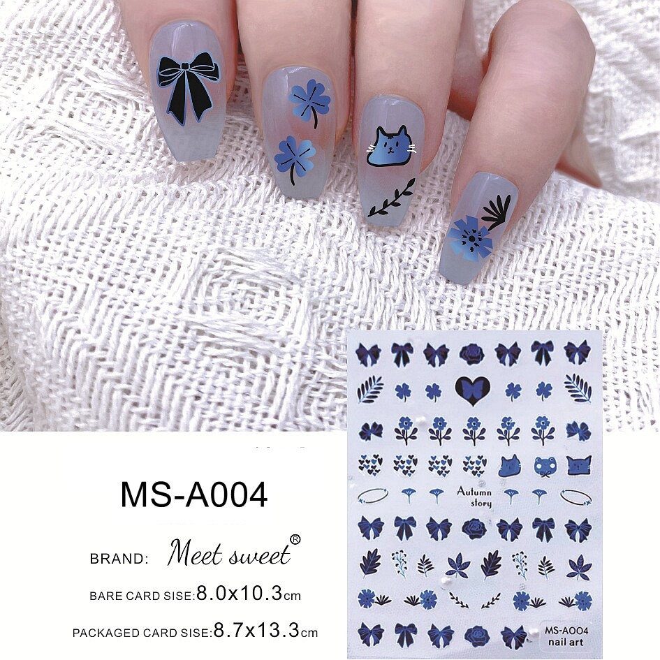 Blue Bow Heart Rose Nail Stickers Cats Flower Leaves Self Adhesive Nail Decal