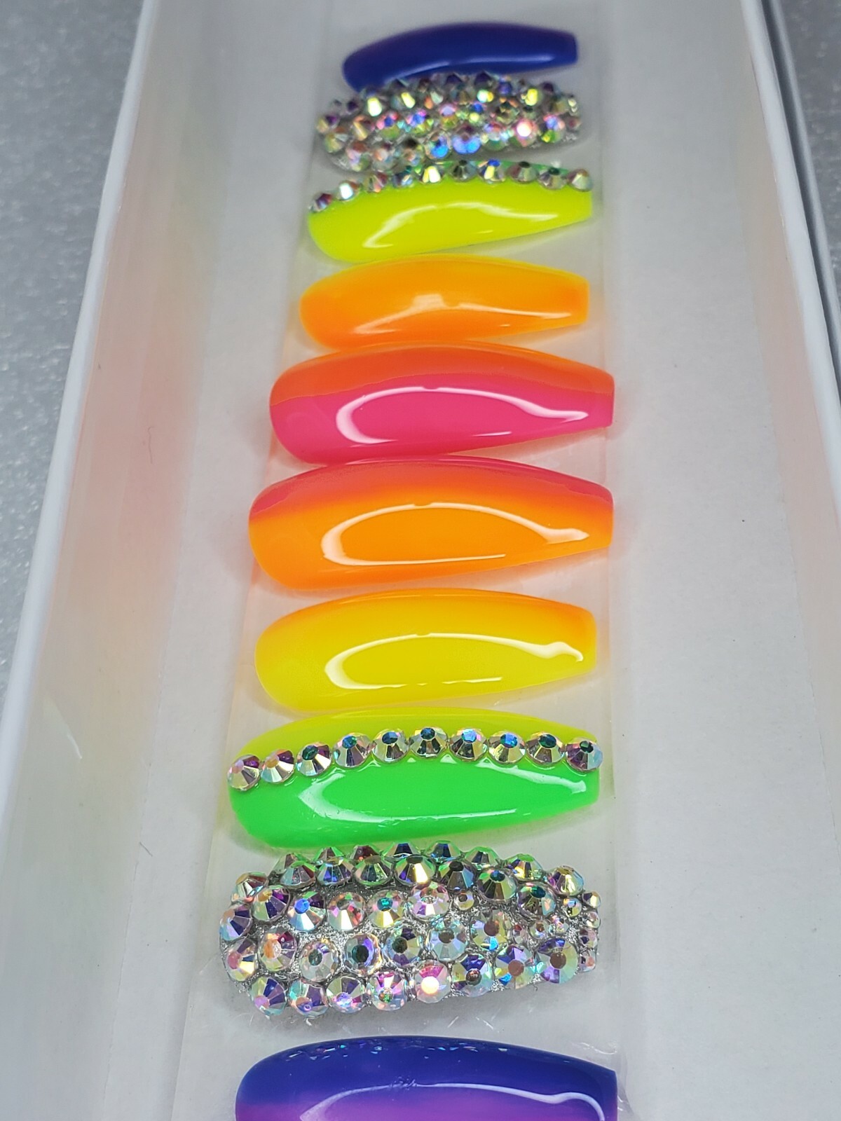 Neon Rainbow bling nails crystal pride set Press On nails diamond long coffin