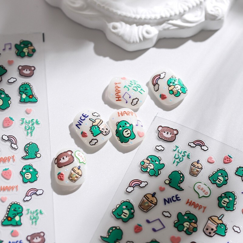 5D Cute Dinosaur Nail Stickers, Cartoon Dinosaur Nail Decals, Bubble Tea (24)