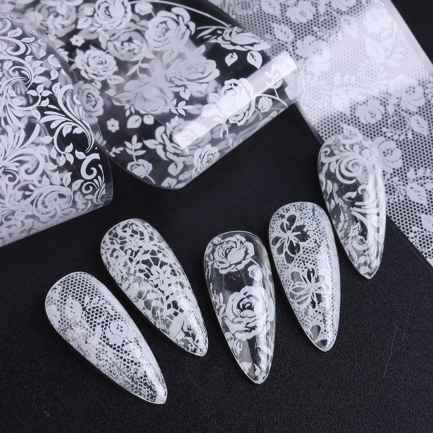 10 Rolls Lace Nail Foil White and Black Nail Transfer Foil Stickers | Hologra…