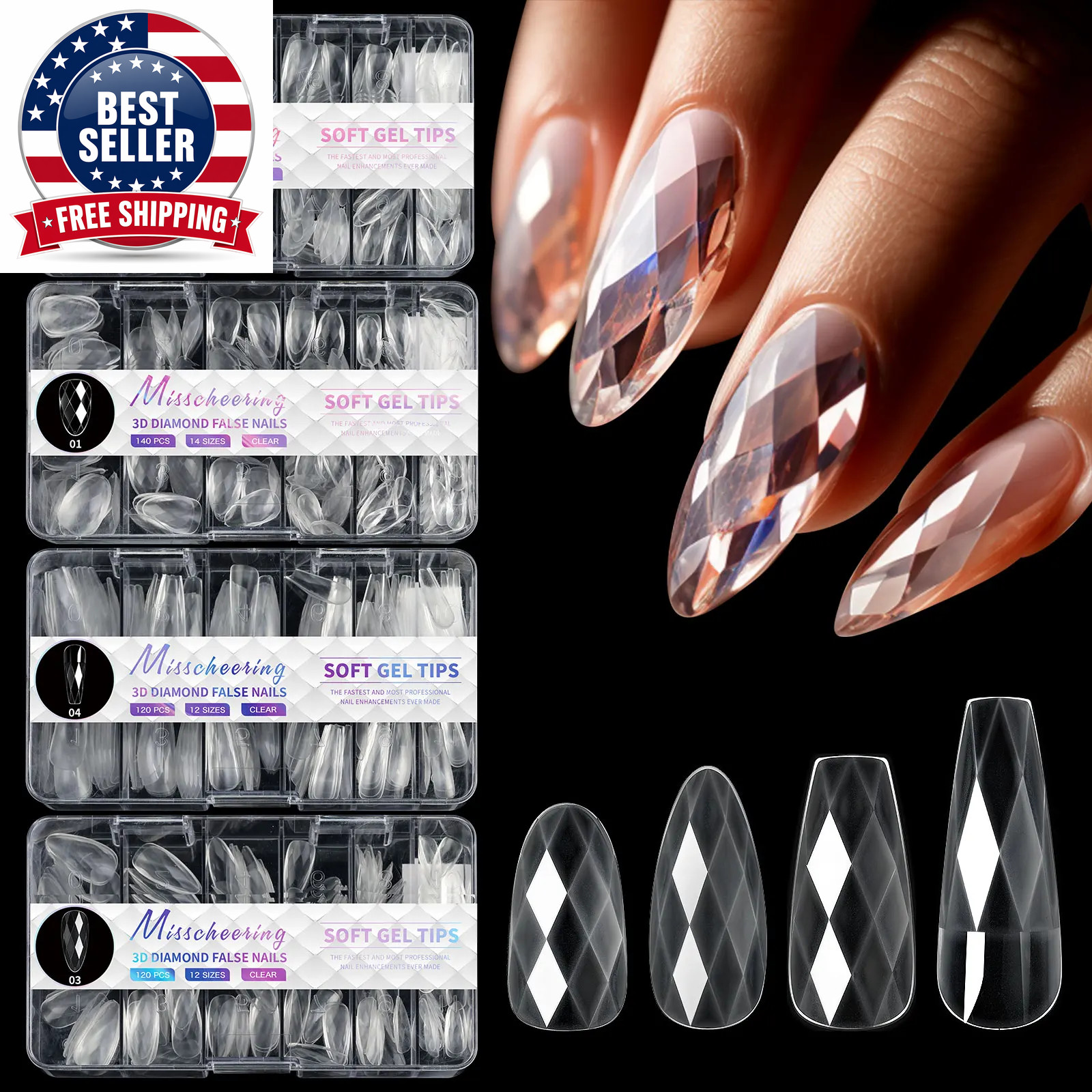 Diamond Shaped 3D Almond Nails Transparent Non-Marking Frosted Square Oval Weara