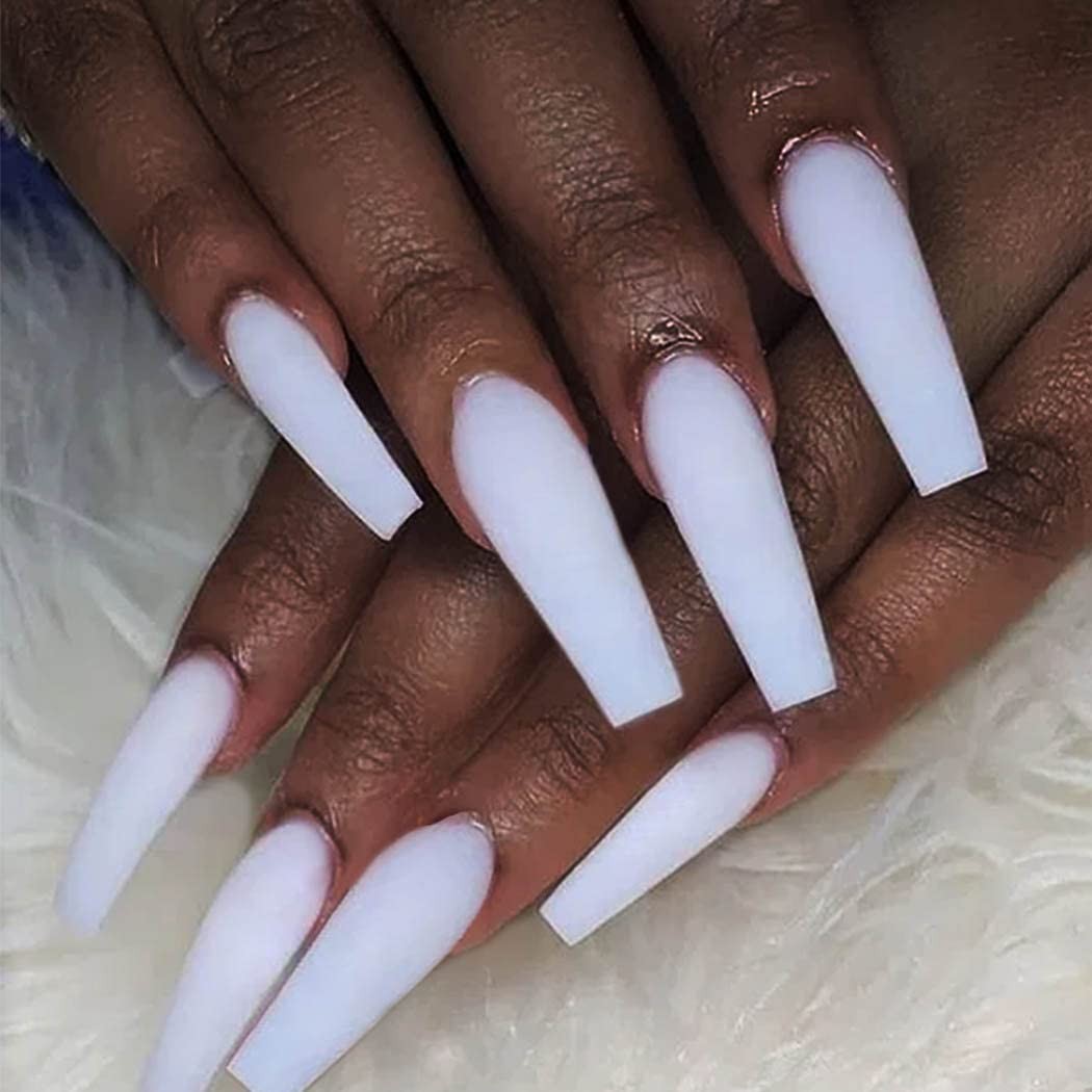 Matte White Press on Nails Coffin Long Fake Nails Solid Acrylic False Nails w…