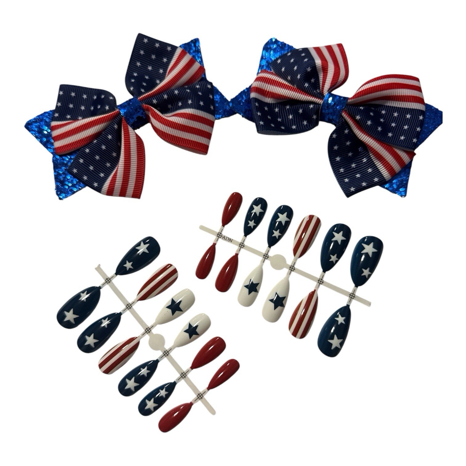 Patriotic Hair Bow & Press-On Nails Gift Set | Red White Blue Boutique Bow Pair