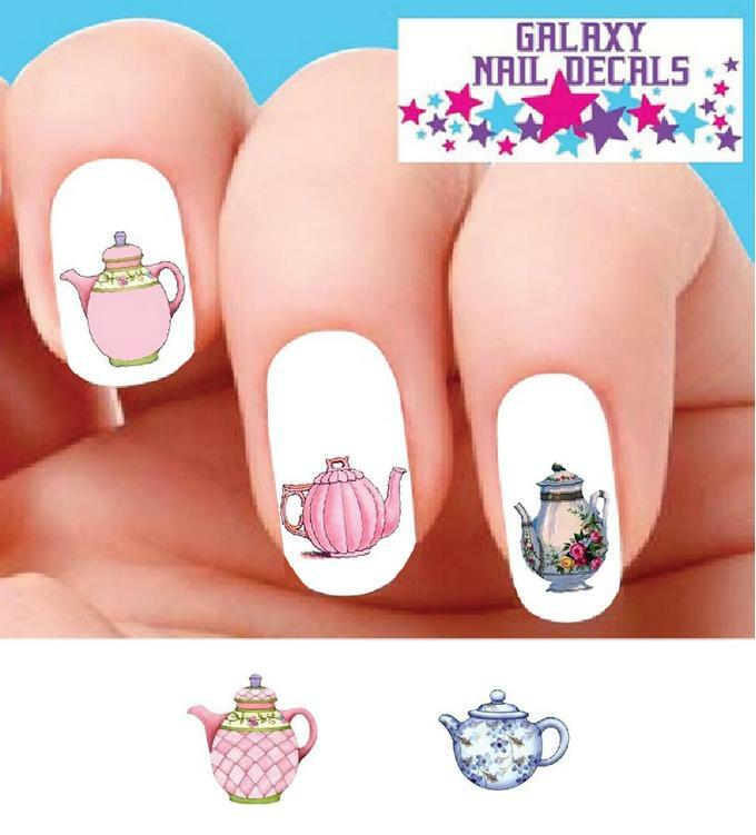 Waterslide Nail Decals – Set of 20 Pink Blue Flower Teapots Assorted