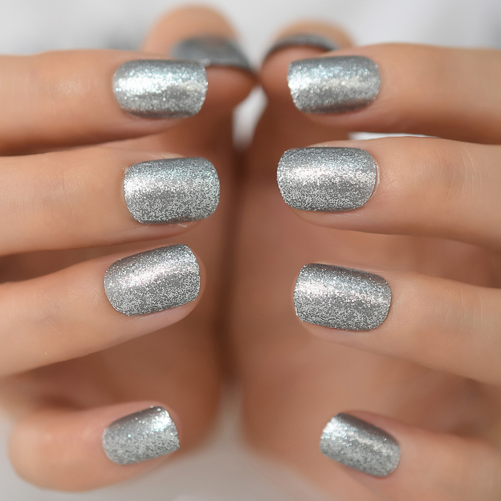 Silver Glitter Short Square Press On Nails – Glue On False Set – 24 pieces Kit