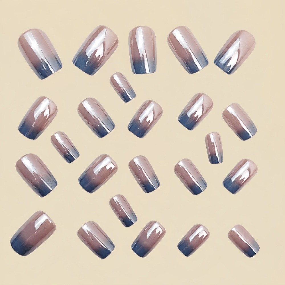 24pcs Nude Pink Gradient Silvery Mirror Press-On Nails, Long Square Reusable