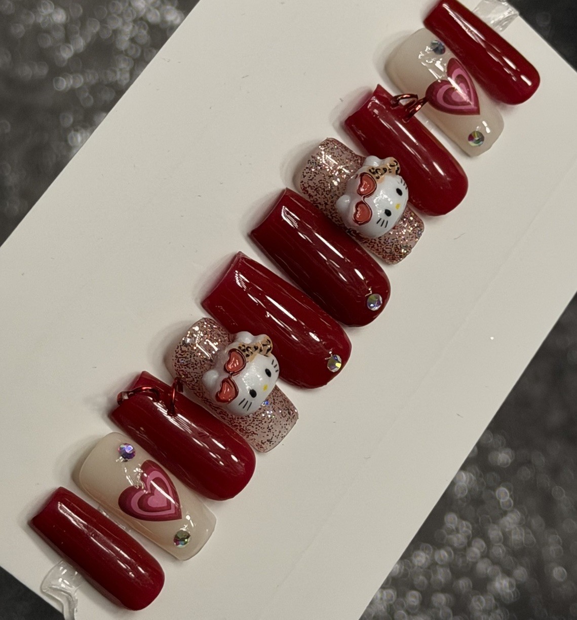 ✨ CUSTOM Press On Nails RED HEART HELLO KITTY BLING 10p SET W Kit